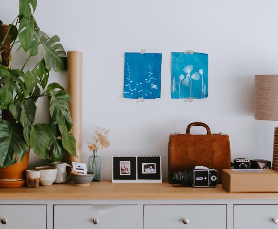 table with plant on it