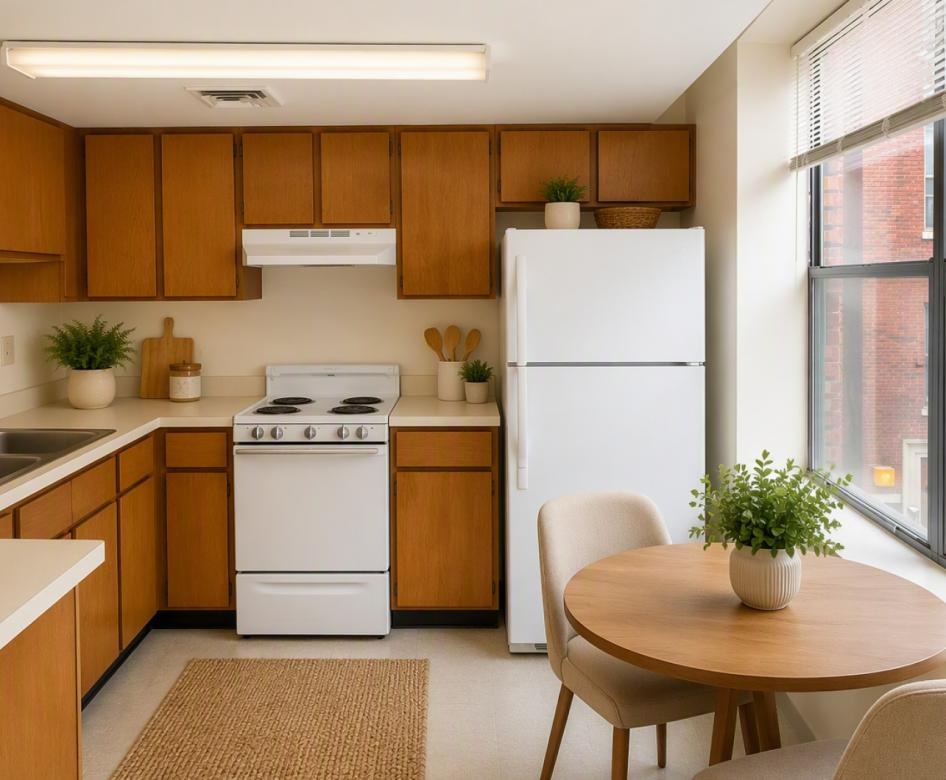 a kitchen with a table and chairs
