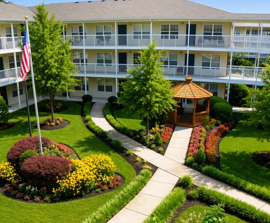 a building with a flag in the front